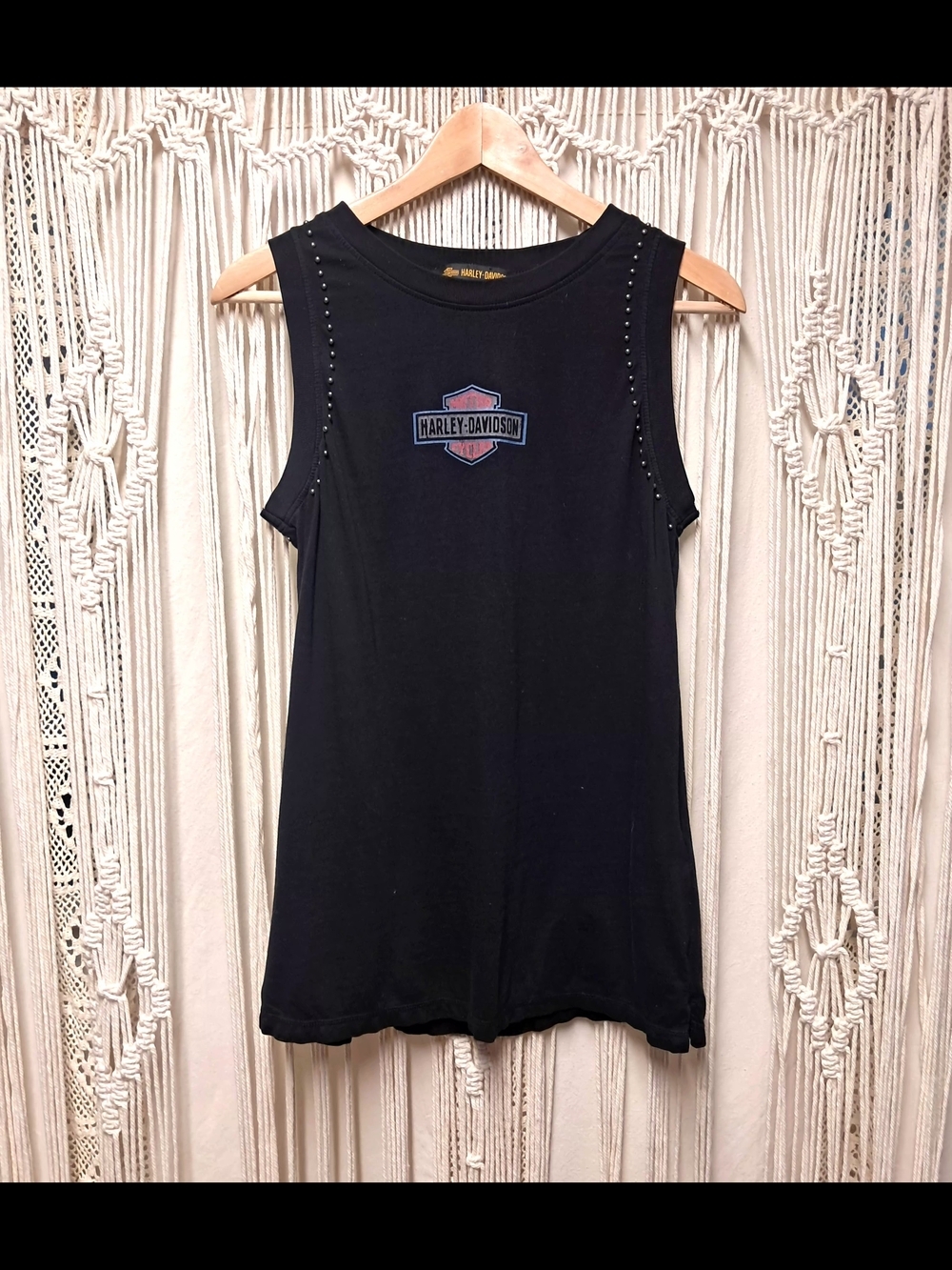 VTG Harley Davidson Women's Studded Muscle Tank Top Eagle Flag Graphic Tee Black